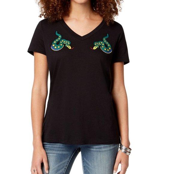 Carbon Copy V Neck Embroidered Snakes Tee Black XL - Picture 1 of 6